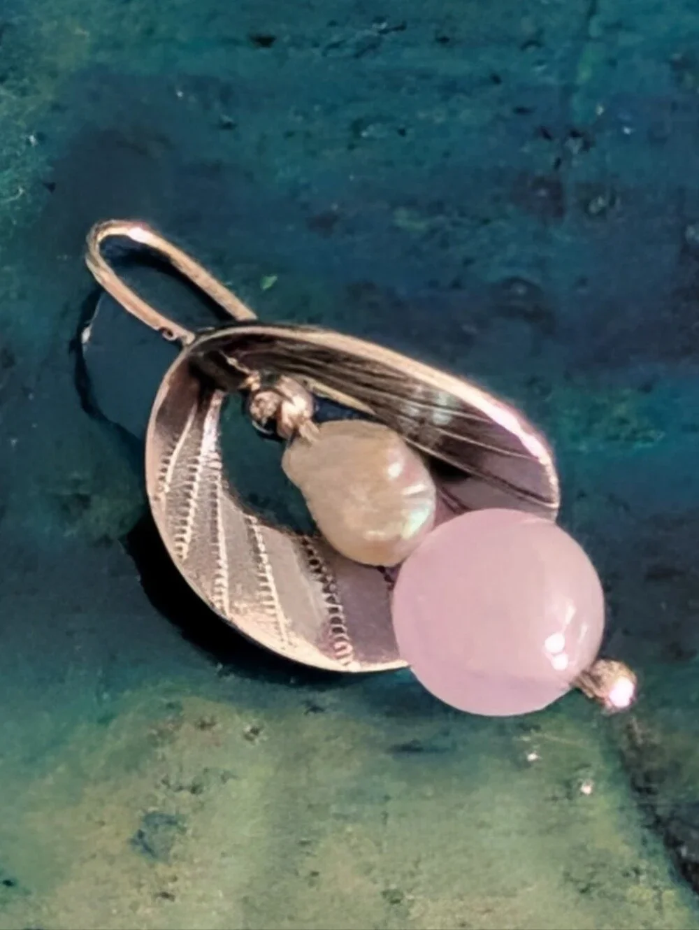 Sterling Silver Leaf Drop Earrings with Rose Quartz And Freshwater Pearl